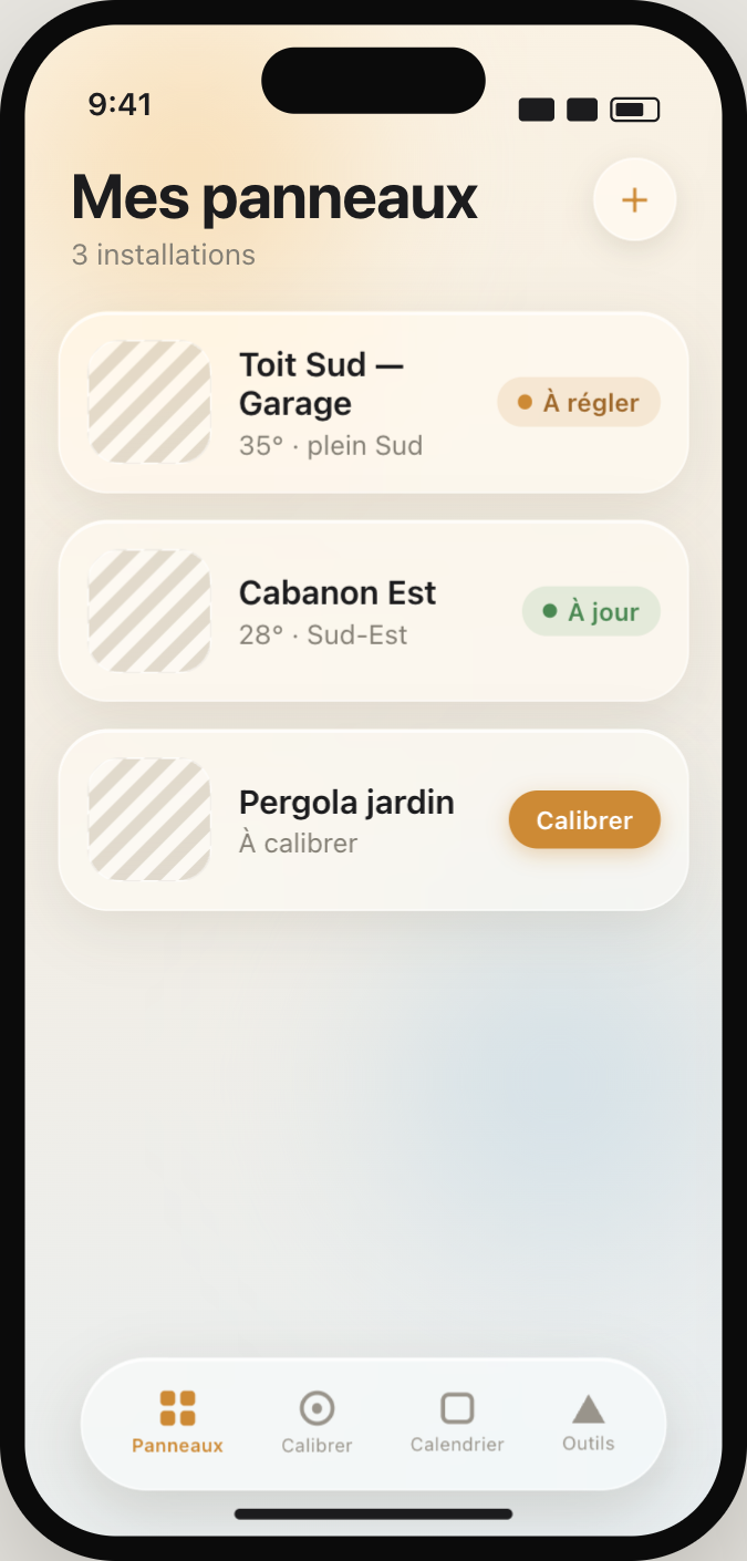 Pantalla de inicio de SolarTilt — tu lista de paneles